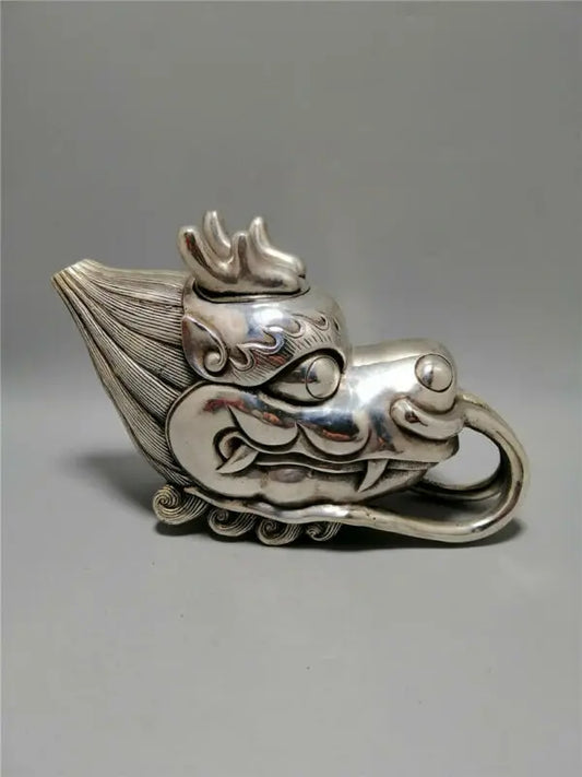 7.87"Exquisite Chinese Pure copper silvering Seiko Dragon head Teapot wine pot