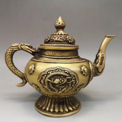 7" Chinese antique brass dragon statue Hand holding Teapot Tea Set