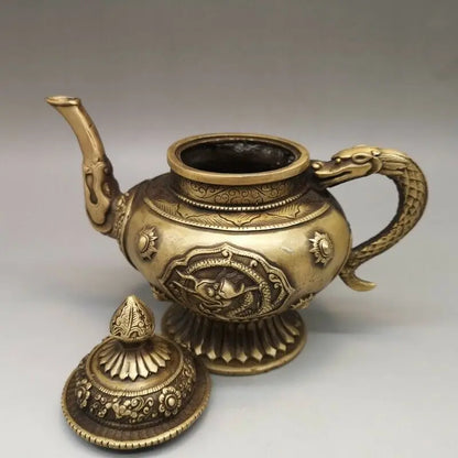7" Chinese antique brass dragon statue Hand holding Teapot Tea Set