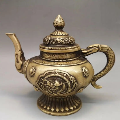 7" Chinese antique brass dragon statue Hand holding Teapot Tea Set