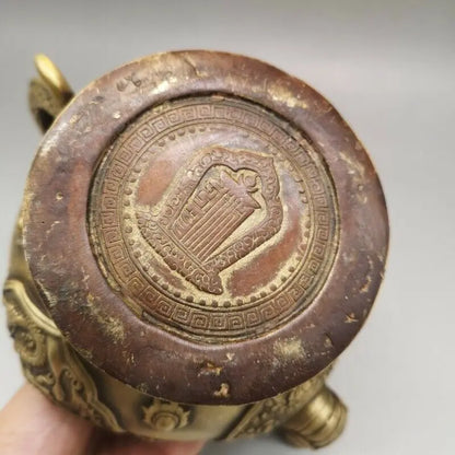 7" Chinese antique brass dragon statue Hand holding Teapot Tea Set