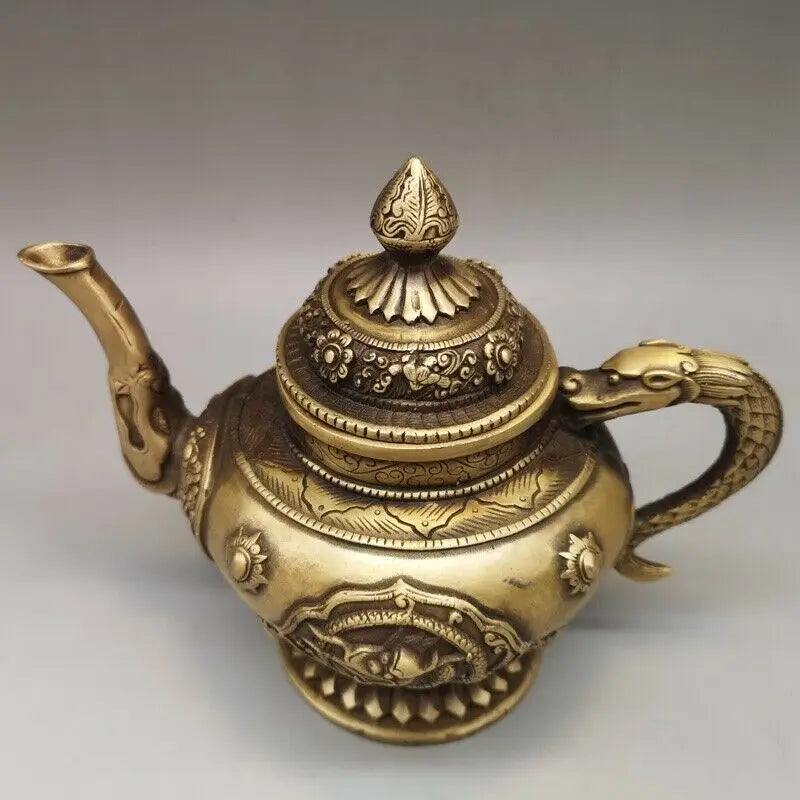 7" Chinese antique brass dragon statue Hand holding Teapot Tea Set