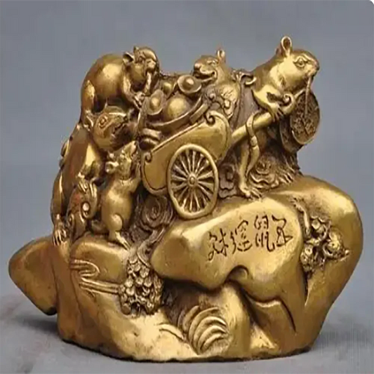 7" Chinese fengshui brass 5 mouses five mice transport wealh money lucky statue
