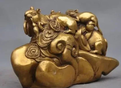 7" Chinese fengshui brass 5 mouses five mice transport wealh money lucky statue