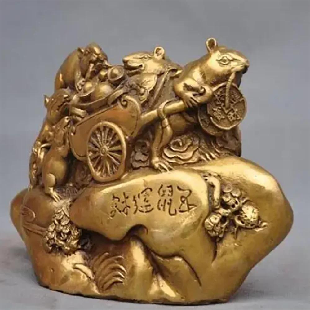 7" Chinese fengshui brass 5 mouses five mice transport wealh money lucky statue