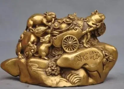 7" Chinese fengshui brass 5 mouses five mice transport wealh money lucky statue