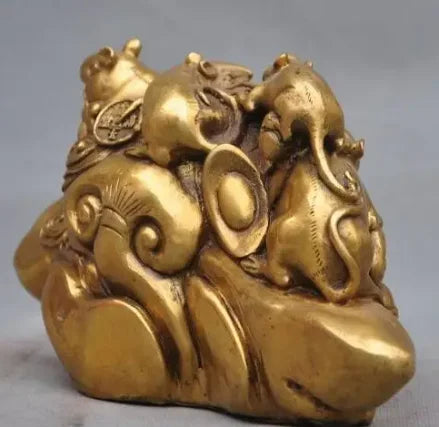 7" Chinese fengshui brass 5 mouses five mice transport wealh money lucky statue