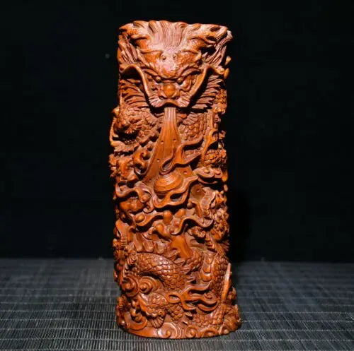 7" Collect China Box-Wood Hand Carving Animal Dragon Grain Brush Pot Staue