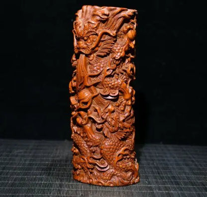 7" Collect China Box-Wood Hand Carving Animal Dragon Grain Brush Pot Staue