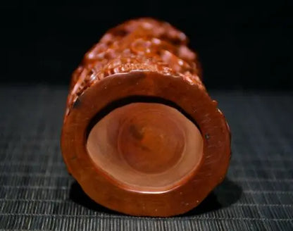 7" Collect China Box-Wood Hand Carving Animal Dragon Grain Brush Pot Staue