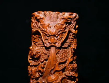 7" Collect China Box-Wood Hand Carving Animal Dragon Grain Brush Pot Staue