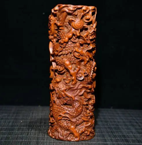 7" Collect China Box-Wood Hand Carving Animal Dragon Grain Brush Pot Staue