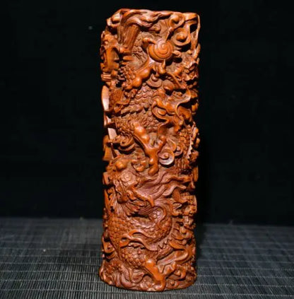 7" Collect China Box-Wood Hand Carving Animal Dragon Grain Brush Pot Staue