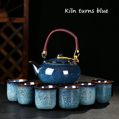 7 PCS/Set Ceramic Tea Set 700ML Kiln Change Color Teapot With Handle 150ML Tea Cup Health Ceramics Tea Pot
