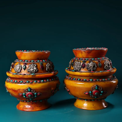 7"Tibet Temple Collection Old Beeswax Mosaic Gem Turquoise Tibetan silve Eight Treasures Amass wealth Buddha jar A Pair