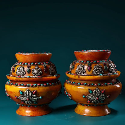 7"Tibet Temple Collection Old Beeswax Mosaic Gem Turquoise Tibetan silve Eight Treasures Amass wealth Buddha jar A Pair