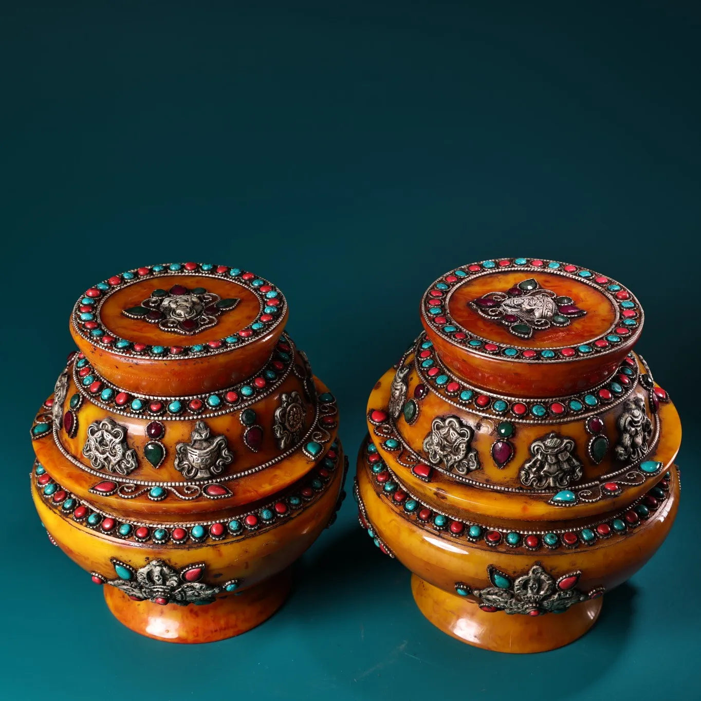 7"Tibet Temple Collection Old Beeswax Mosaic Gem Turquoise Tibetan silve Eight Treasures Amass wealth Buddha jar A Pair