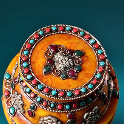 7"Tibet Temple Collection Old Beeswax Mosaic Gem Turquoise Tibetan silve Eight Treasures Amass wealth Buddha jar A Pair