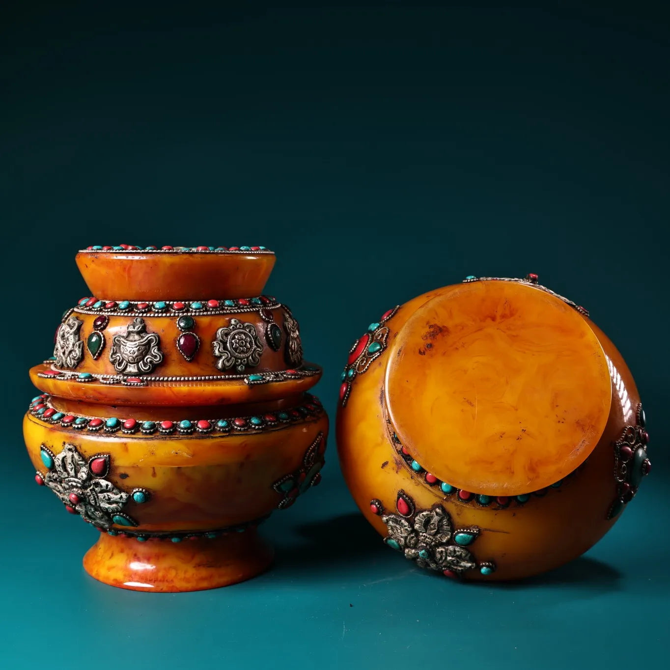 7"Tibet Temple Collection Old Beeswax Mosaic Gem Turquoise Tibetan silve Eight Treasures Amass wealth Buddha jar A Pair