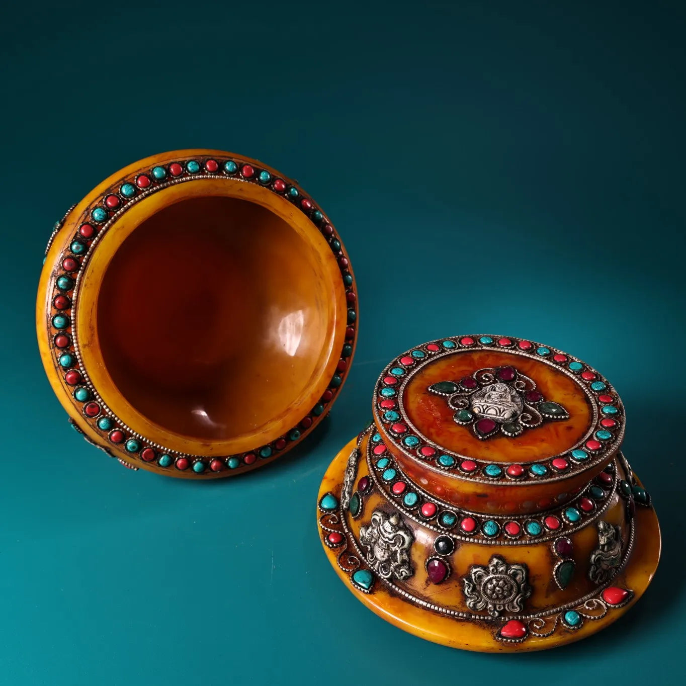 7"Tibet Temple Collection Old Beeswax Mosaic Gem Turquoise Tibetan silve Eight Treasures Amass wealth Buddha jar A Pair