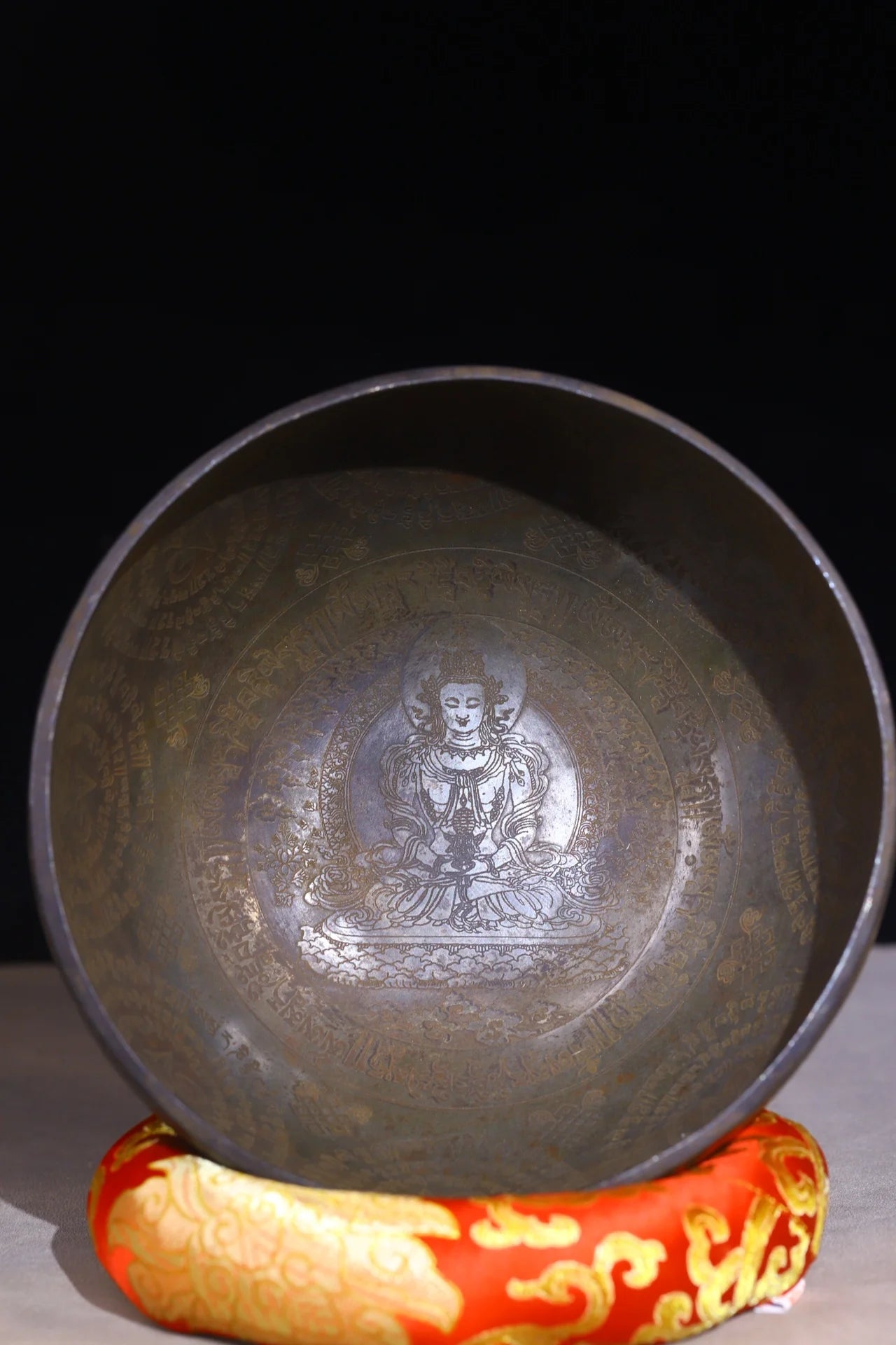 7"Tibet Temple Collection Old Bronze Cinnabar Amitayus Buddha music Bowl Prayer Wheel Bowl Amulet Dharma Worship Hall Town house