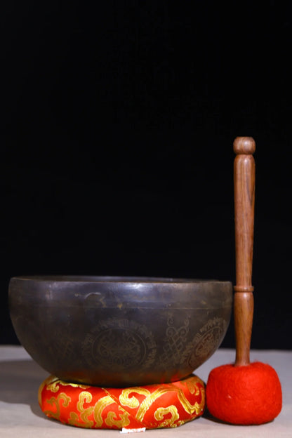 7"Tibet Temple Collection Old Bronze Cinnabar Amitayus Buddha music Bowl Prayer Wheel Bowl Amulet Dharma Worship Hall Town house