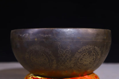 7"Tibet Temple Collection Old Bronze Cinnabar Amitayus Buddha music Bowl Prayer Wheel Bowl Amulet Dharma Worship Hall Town house