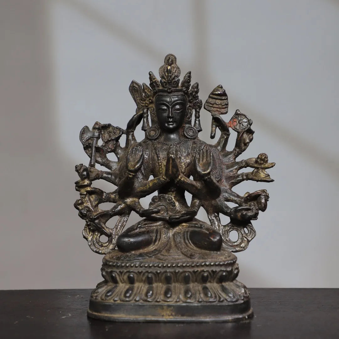 7"Tibet Temple Collection Old Bronze Cinnabar Mud gold Cundhi Bodhisattva Buddha 1000 Arm Lotus Platform PlatforWorship Hall
