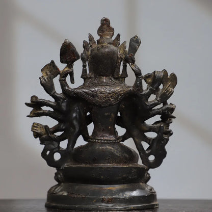 7"Tibet Temple Collection Old Bronze Cinnabar Mud gold Cundhi Bodhisattva Buddha 1000 Arm Lotus Platform PlatforWorship Hall