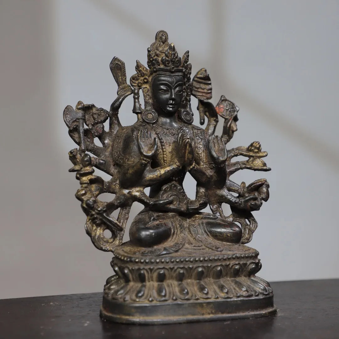 7"Tibet Temple Collection Old Bronze Cinnabar Mud gold Cundhi Bodhisattva Buddha 1000 Arm Lotus Platform PlatforWorship Hall
