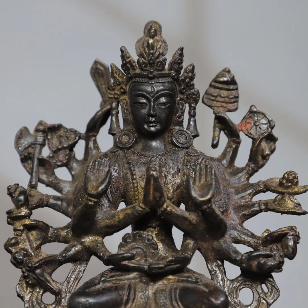 7"Tibet Temple Collection Old Bronze Cinnabar Mud gold Cundhi Bodhisattva Buddha 1000 Arm Lotus Platform PlatforWorship Hall