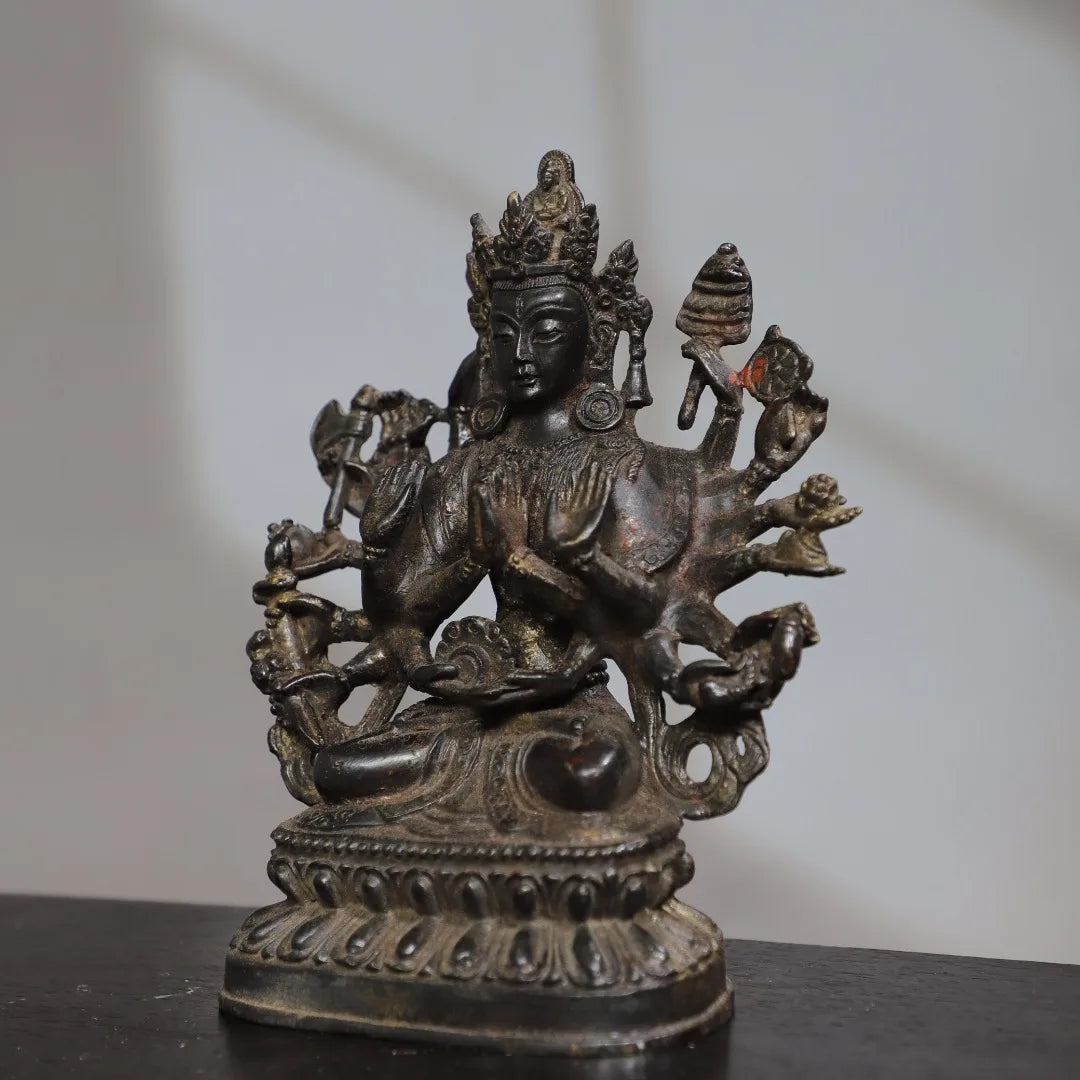 7"Tibet Temple Collection Old Bronze Cinnabar Mud gold Cundhi Bodhisattva Buddha 1000 Arm Lotus Platform PlatforWorship Hall