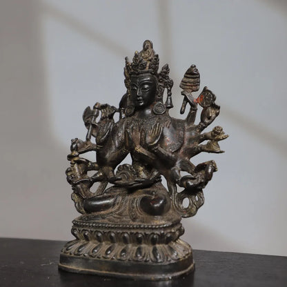 7"Tibet Temple Collection Old Bronze Cinnabar Mud gold Cundhi Bodhisattva Buddha 1000 Arm Lotus Platform PlatforWorship Hall