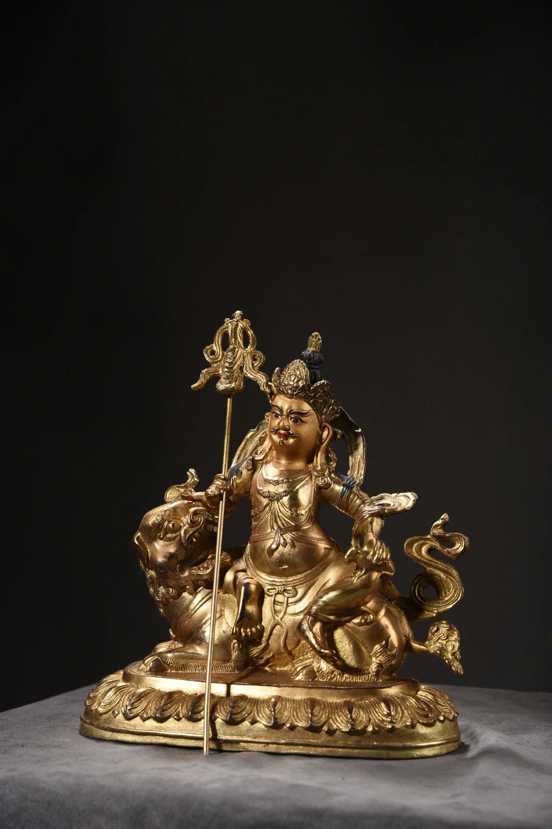 7"Tibet Temple Collection Old Bronze Cinnabar Mud gold Face painting Vaisravana Treasure King Buddha Worship Hall Town house