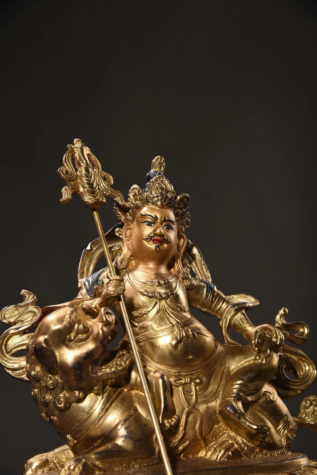 7"Tibet Temple Collection Old Bronze Cinnabar Mud gold Face painting Vaisravana Treasure King Buddha Worship Hall Town house