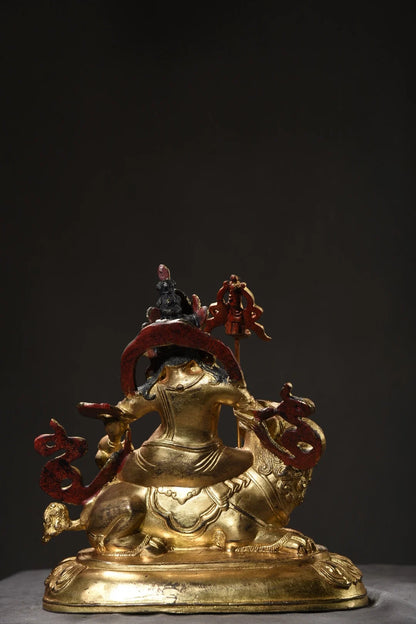 7"Tibet Temple Collection Old Bronze Cinnabar Mud gold Face painting Vaisravana Treasure King Buddha Worship Hall Town house