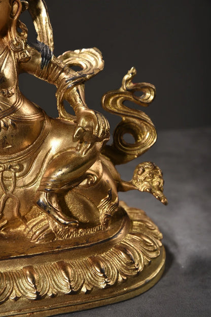 7"Tibet Temple Collection Old Bronze Cinnabar Mud gold Face painting Vaisravana Treasure King Buddha Worship Hall Town house