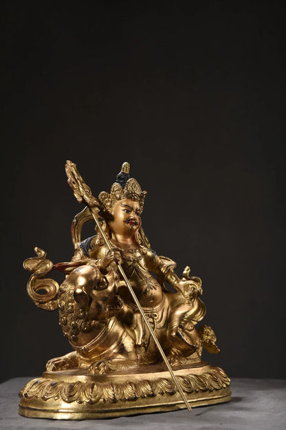 7"Tibet Temple Collection Old Bronze Cinnabar Mud gold Face painting Vaisravana Treasure King Buddha Worship Hall Town house