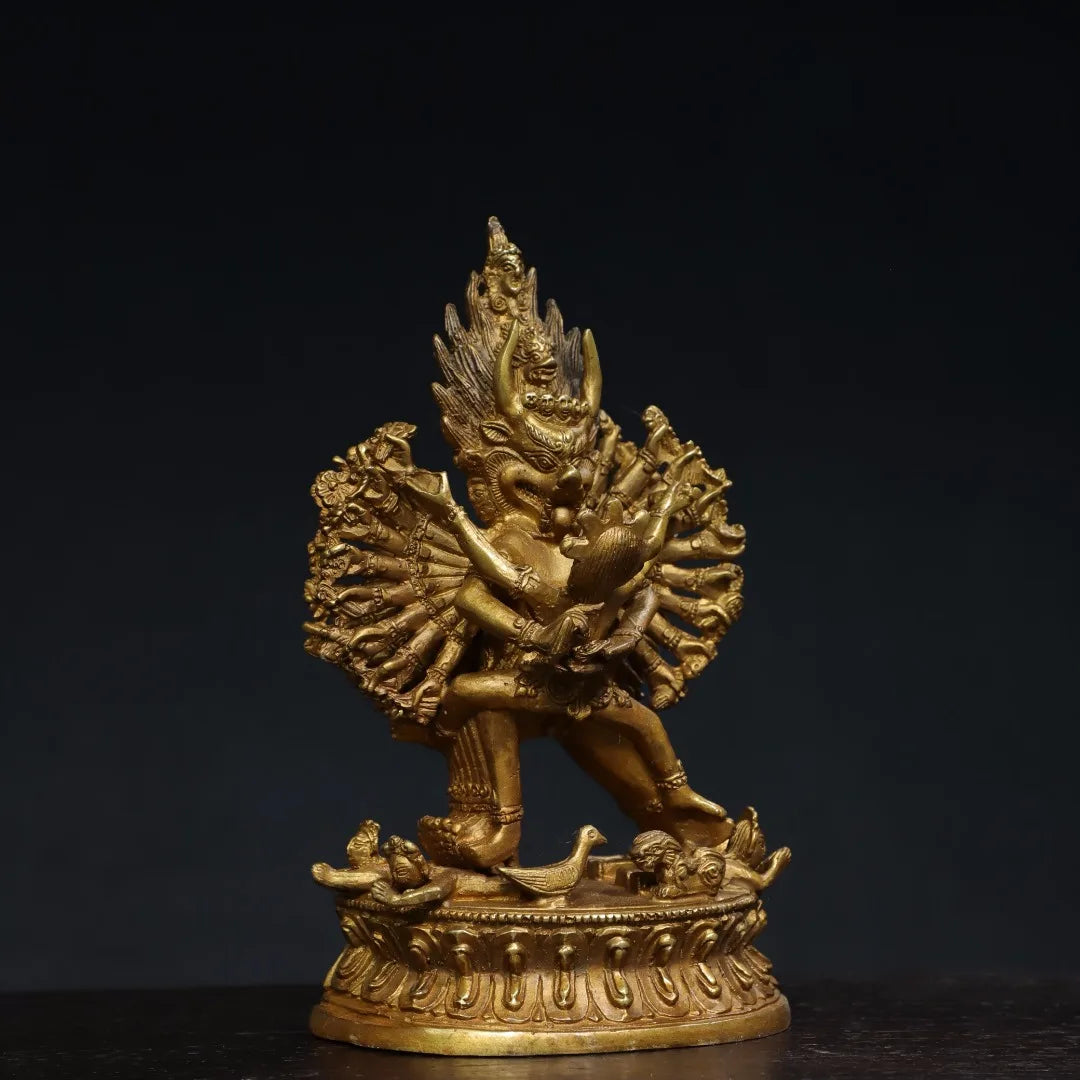 7"Tibet Temple Collection Old Bronze Gilded Cinnabar Yamantaka Yab Yum Lotus Platform Tibetan Buddha Worship Hall Town house