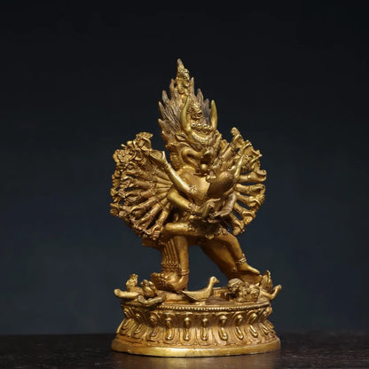 7"Tibet Temple Collection Old Bronze Gilded Cinnabar Yamantaka Yab Yum Lotus Platform Tibetan Buddha Worship Hall Town house