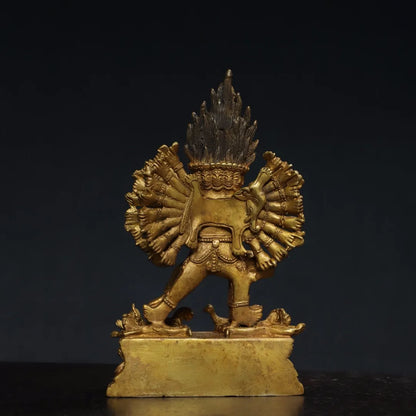 7"Tibet Temple Collection Old Bronze Gilded Cinnabar Yamantaka Yab Yum Lotus Platform Tibetan Buddha Worship Hall Town house