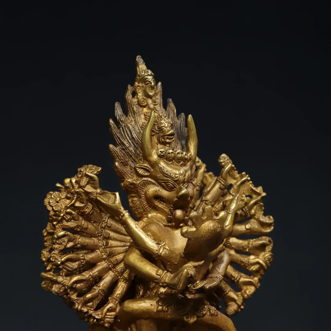 7"Tibet Temple Collection Old Bronze Gilded Cinnabar Yamantaka Yab Yum Lotus Platform Tibetan Buddha Worship Hall Town house