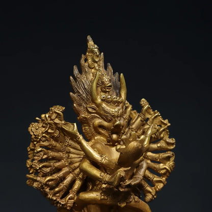 7"Tibet Temple Collection Old Bronze Gilded Cinnabar Yamantaka Yab Yum Lotus Platform Tibetan Buddha Worship Hall Town house