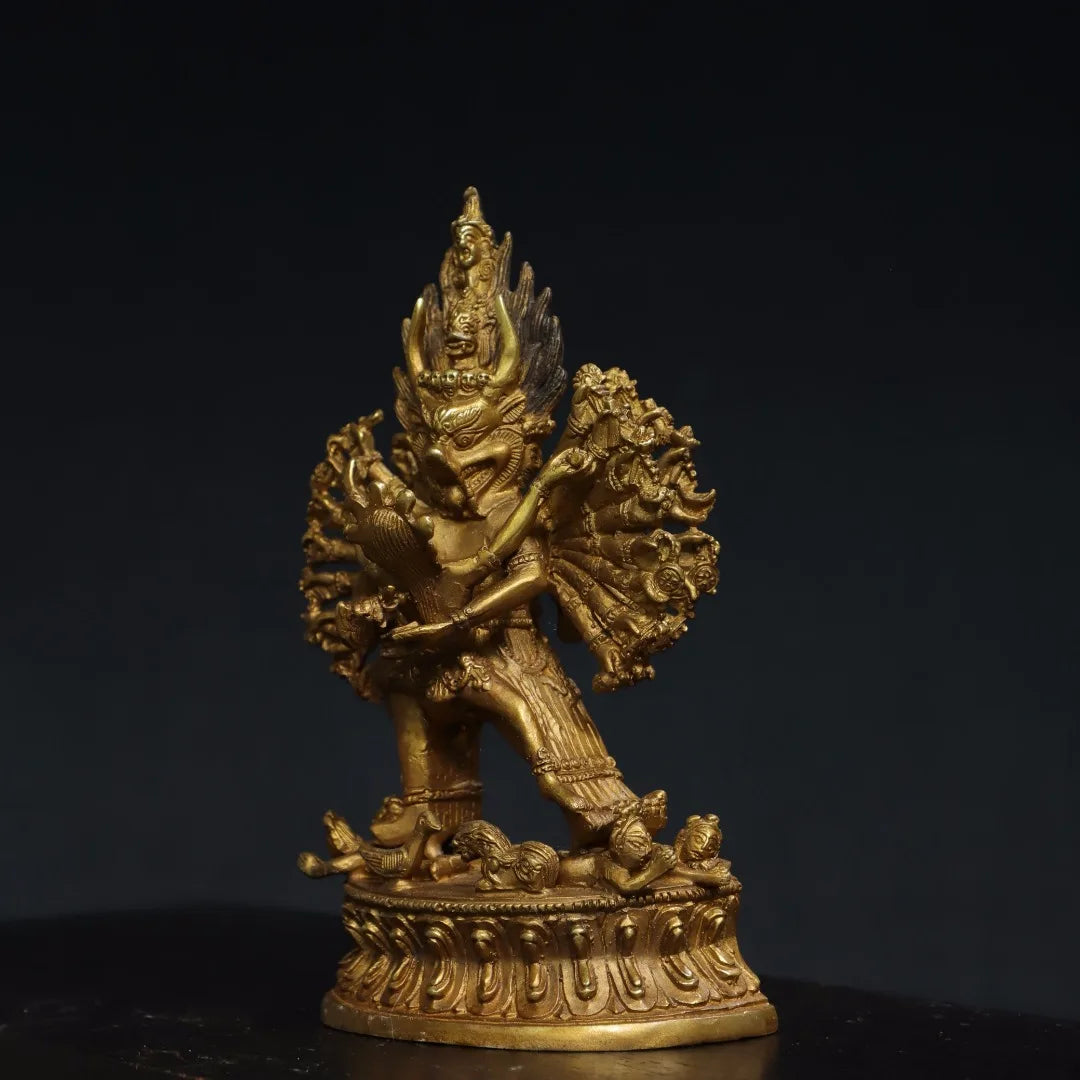 7"Tibet Temple Collection Old Bronze Gilded Cinnabar Yamantaka Yab Yum Lotus Platform Tibetan Buddha Worship Hall Town house