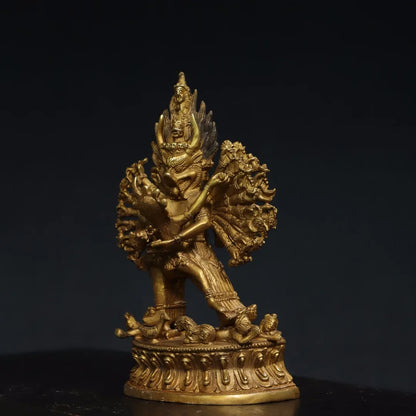 7"Tibet Temple Collection Old Bronze Gilded Cinnabar Yamantaka Yab Yum Lotus Platform Tibetan Buddha Worship Hall Town house