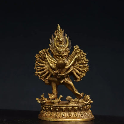 7"Tibet Temple Collection Old Bronze Gilded Cinnabar Yamantaka Yab Yum Lotus Platform Tibetan Buddha Worship Hall Town house