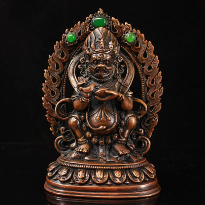 7"Tibet Temple Collection Old Bronze Mosaic Gem Turquoise Mahakala Buddha Backlight  Lotus Platform Worship Hall  Town house