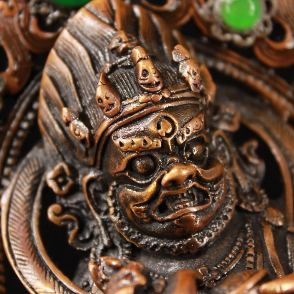 7"Tibet Temple Collection Old Bronze Mosaic Gem Turquoise Mahakala Buddha Backlight  Lotus Platform Worship Hall  Town house