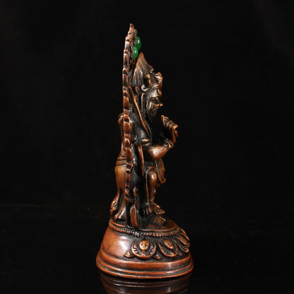 7"Tibet Temple Collection Old Bronze Mosaic Gem Turquoise Mahakala Buddha Backlight  Lotus Platform Worship Hall  Town house