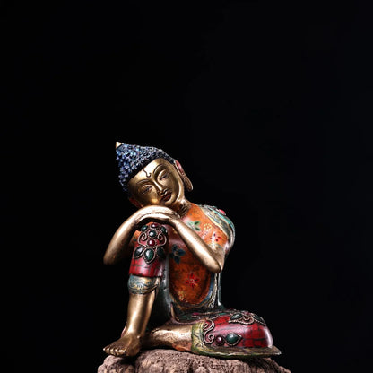 7"Tibet Temple Collection Old Bronze Outline in gold Mosaic Gem Turquoise Meditation Sleeping Buddha Amitabha Worship Hall